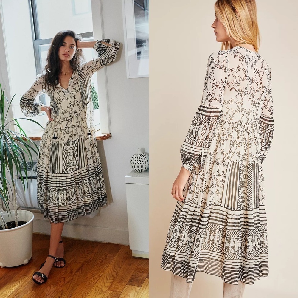 NWT Anthropologie Size Small Cadence Tiered Midi Dress Boho Long Puff Sleeve